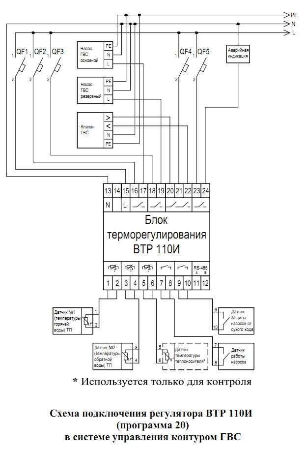 Схема подключения регулятора ВТР 110И (программа 20) в системе управления контуром ГВС