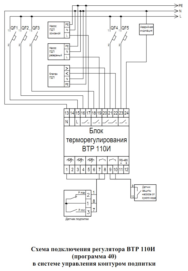 Схема подключения регулятора ВТР 110И (программа 40) в системе управления контуром подпитки