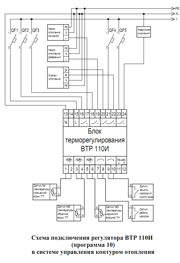 Схема подключения регулятора ВТР 110И (программа 10) в системе управления контуром отопления